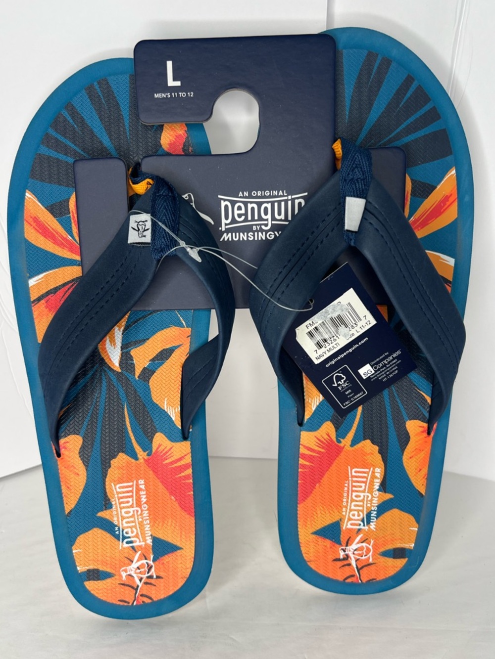 New Original Penguin Navy & Orange Tropical Floral Men's Flip Flops Various Sz